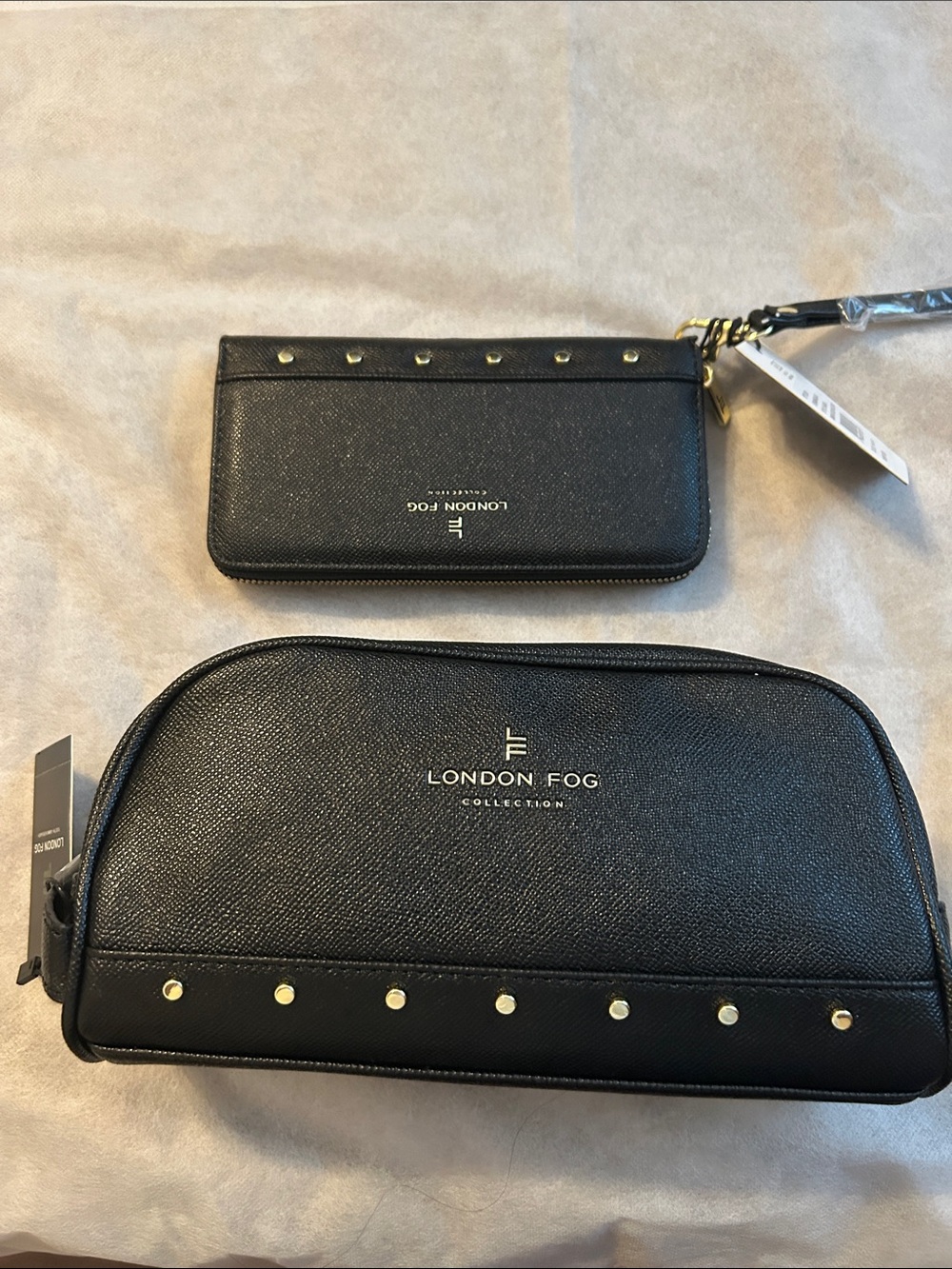 London Fog Black Studded Wristlet and Cosmetic Pouch Set